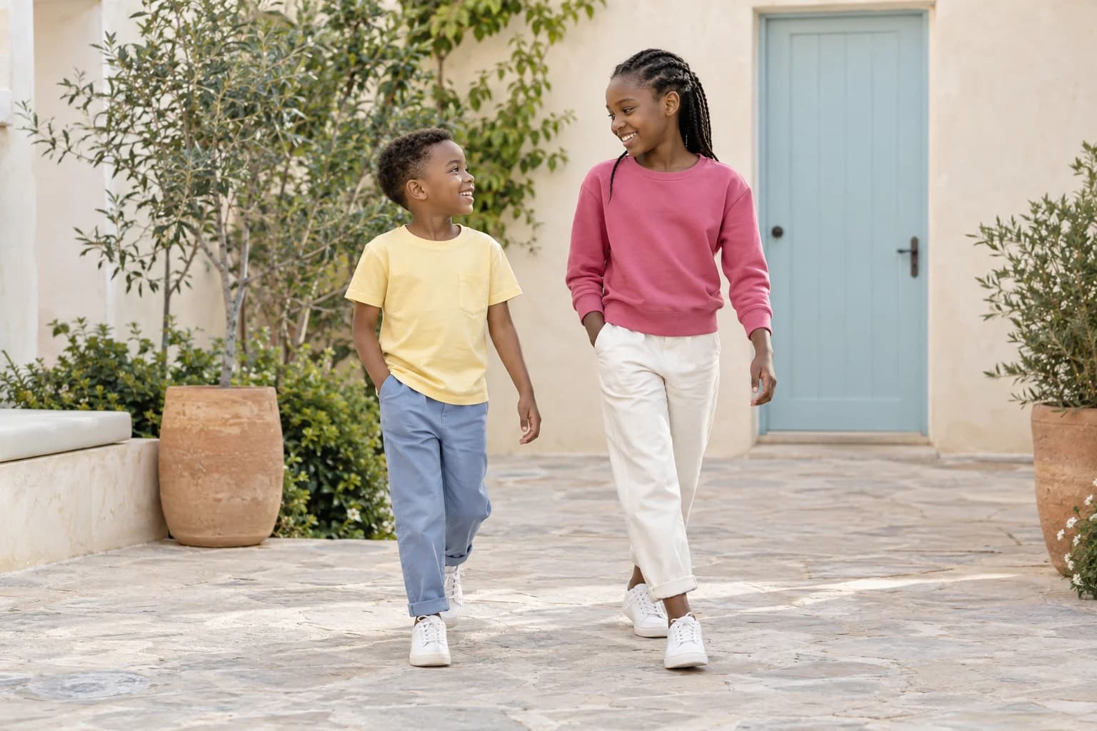 Two children walking together in colourful everyday clothing